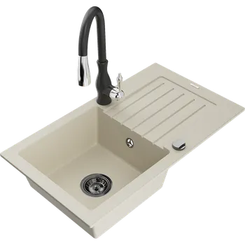 Granitový dřez Mexen Pablo jednovanový žulový dřez s odkapávačem a kuchyňskou baterií Savita, béžový - 6510-69-672601-70 Granitové dřezy s baterií