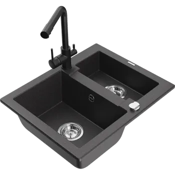 Granitový dřez Mexen Carlos granitový dřez 1,5-komorový s kuchyňskou baterií Duero, černý s tečkováním - 6518-76-671600-70 Granitové dřezy s baterií