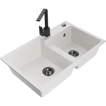Granitový dřez Mexen Tomas dřez žulový 2-komorový s kuchyňskou baterií Rita, bílý - 6516-20-670300-70 Granitové dřezy s baterií