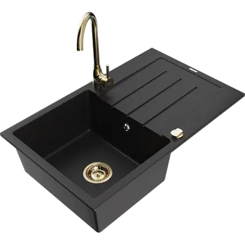 Granitový dřez Mexen Bruno žulový dřez s 1 komorou, odkapávačem a kuchyňskou baterií Telma, černý - 6513-77-670200-50 Granitové dřezy s baterií