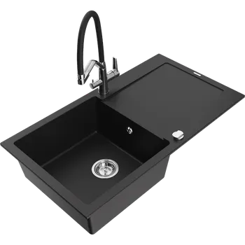 Granitový dřez Mexen Leo granitový dřez s 1 komorou s odkapávačem a kuchyňskou baterií Duo, černý - 6501-77-671701-07 Granitové dřezy s baterií