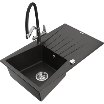 Granitový dřez Mexen Cesar granitový dřez s 1-komorou a odkapávačem a kuchyňskou baterií Duo, černý/zlatý metalik - 6514-75-671701-07 Granitové dřezy s baterií