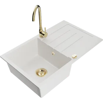 Granitový dřez Mexen Bruno granitový dřez 1-komorový s odkapávačem a kuchyňskou baterií Telma, bílý - 6513-20-670200-50 Granitové dřezy s baterií