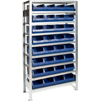 Dílenský regál Regál s 32 plastovými přepravkami 200 x 100 x 30 cm