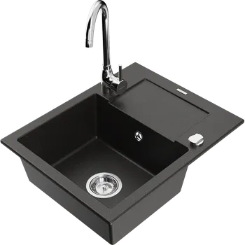 Granitový dřez Mexen Enzo granitový dřez 1-komorový s odkapávačem a kuchyňskou baterií Telma, černý/zlatý - 6506-75-670200-00 Granitové dřezy s baterií