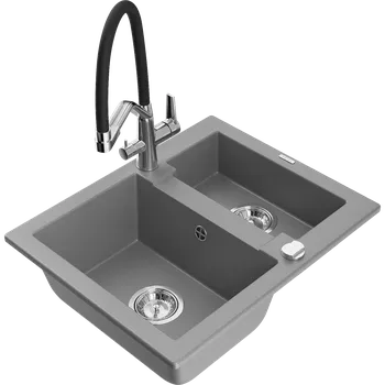 Granitový dřez Mexen Carlos granitový dřez 1,5-komorový s kuchyňskou baterií Duo, šedý - 6518-71-671701-07 Granitové dřezy s baterií
