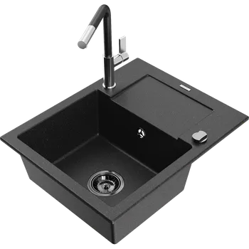Granitový dřez Mexen Enzo granitový dřez 1-komorový s odkapávačem a kuchyňskou baterií Flora, černý/stříbrný metalík - 6506-73-670401-07-B Granitové dřezy s baterií