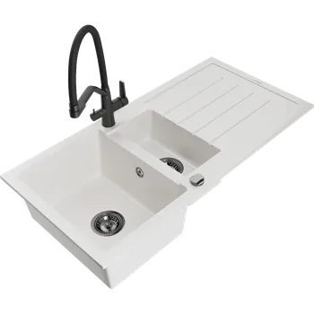 Granitový dřez Mexen Andres granitový dřez 1,5-komorový s odkapávačem a kuchyňskou baterií Duo, bílý - 6515-20-671701-70-B Granitové dřezy s baterií