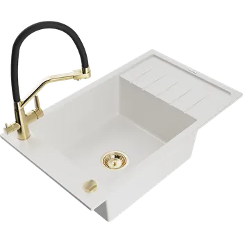 Granitový dřez Mexen Elias granitový dřez s 1 komorou s odkapávačem a kuchyňskou baterií Duo, bílý - 6511-20-671701-57-G Granitové dřezy s baterií