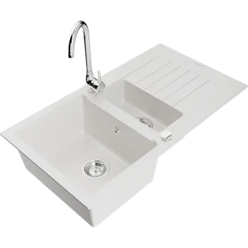 Granitový dřez Mexen Matias granitový dřez 1,5-komorový s odkapávačem a kuchyňskou baterií Telma, bílý - 6502-20-670200-00 Granitové dřezy s baterií