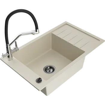 Granitový dřez Mexen Elias granitový dřez 1-komorový s odkapávačem a kuchyňskou baterií Duo, béžový - 6511-69-671701-07-B Granitové dřezy s baterií