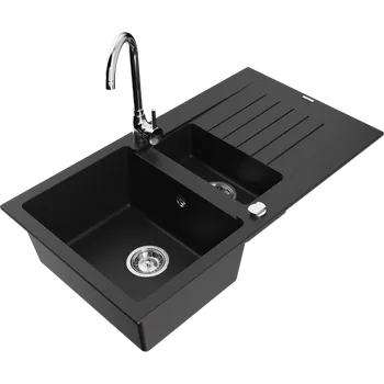 Granitový dřez Mexen Matias granitový dřez 1,5 komorový s odkapávačem a kuchyňskou baterií Telma, černý - 6502-77-670200-00 Granitové dřezy s baterií