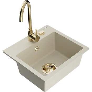 Granitový dřez Mexen Milo granitový dřez 1-komorový s kuchyňskou baterií Telma, béžový - 6505-69-670200-50 Granitové dřezy s baterií