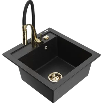 Granitový dřez Mexen Vito granitový dřez 1-komorový s kuchyňskou baterií Aster, černý/stříbrný metalický- 6503-73-73450-57-G Granitové dřezy s baterií