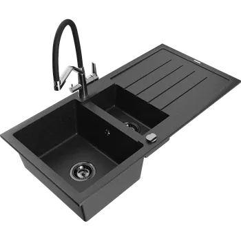 Granitový dřez Mexen Andres granitový dřez 1,5-komorový s odkapávačem a kuchyňskou baterií Duo, černý/stříbrný - 6515-73-671701-07-B Granitové dřezy s baterií