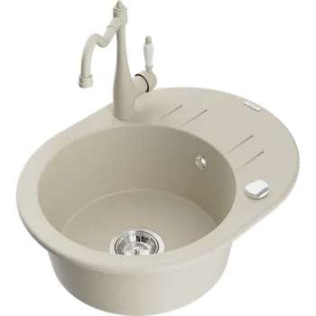 Granitový dřez Mexen Kevin granitový dřez s 1 komorou, odkapávačem a kuchyňskou baterií Carla, béžový - 6517-69-670700-69 Granitové dřezy s baterií