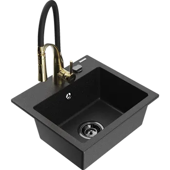 Granitový dřez Mexen Milo granitový dřez 1-komorový s kuchyňskou baterií Aster, černý/stříbrný metalik - 6505-73-73450-57-B Granitové dřezy s baterií