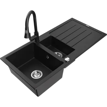 Granitový dřez Mexen Andres granitový dřez 1,5-komorový s odkapávačem a kuchyňskou baterií Elia, černý - 6515-77-670101-70 Granitové dřezy s baterií
