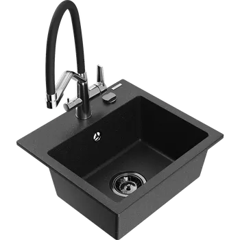 Granitový dřez Mexen Milo jednovanový granitový dřez s kuchyňskou baterií Duo, černý/stříbrný metalik - 6505-73-671701-07-B Granitové dřezy s baterií