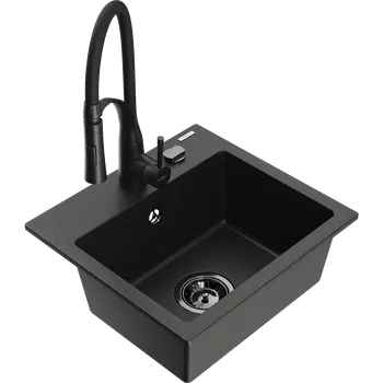 Mexen Milo granitový kuchyňský dřez 1-komorový s kuchyňskou baterií Aster, černý/zlatý metalický - 6505-75-73450-70-B Granitové dřezy s baterií