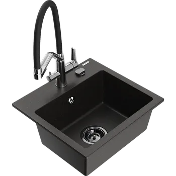 Granitový dřez Mexen Milo granitový dřez 1-komorový s kuchyňskou baterií Duo, černá/zlatý metalík - 6505-75-671701-07-B Granitové dřezy s baterií