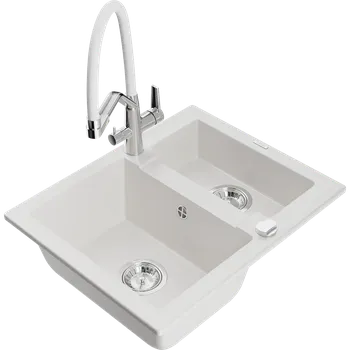 Granitový dřez Mexen Carlos granitový kuchyňský dřez 1,5-komorový s kuchyňskou baterií Duo, bílý - 6518-20-671701-02 Granitové dřezy s baterií