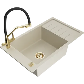 Granitový dřez Mexen Elias granitový dřez 1-komorový s odkapávačem a kuchyňskou baterií Duo, béžový - 6511-69-671701-57-G Granitové dřezy s baterií