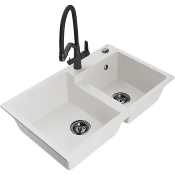 Granitový dřez Mexen Tomas dvoukomorový granitový dřez s kuchyňskou baterií Duo, bílý - 6516-20-671701-70-B Granitové dřezy s baterií