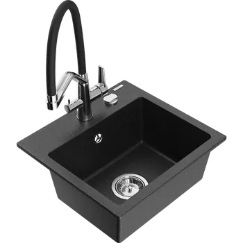 Granitový dřez Mexen Milo granitový dřez 1-komorový s kuchyňskou baterií Duo, černý/stříbrný metalický - 6505-73-671701-07 Granitové dřezy s baterií