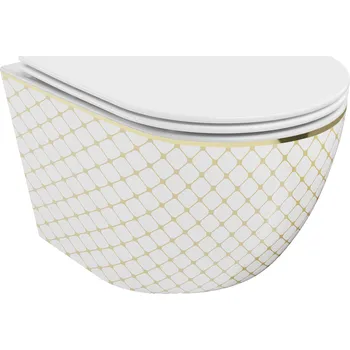 Klozet Mexen Lena WC mísa Rimless s pomalu sklopným prkénkem slim, duroplast, bílá/zlatá vzor mřížka - 30224009 WC mísy