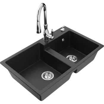 Granitový dřez Mexen Tomas granitový dvoudřez s kuchyňskou baterií Savita, černý/stříbrný metalik - 6516-73-672601-00 Granitové dřezy s baterií