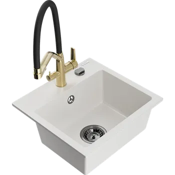 Granitový dřez Mexen Milo granitový jednodřez s kuchyňskou baterií Duo, bílý - 6505-20-671701-57-B Granitové dřezy s baterií