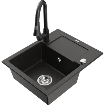 Granitový dřez Mexen Enzo granitový dřez 1-komorový s odkapávačem a kuchyňskou baterií Elia, černý/zlatý metalík - 6506-75-670101-70 Granitové dřezy s baterií