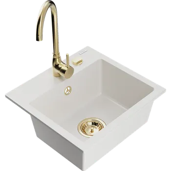 Granitový dřez Mexen Milo granitový dřez 1-komorový s kuchyňskou baterií Telma, bílý - 6505-20-670200-50 Granitové dřezy s baterií