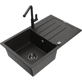 Granitový dřez Mexen Bruno granitový dřez 1-komorový s odkapávačem a kuchyňskou baterií Flora, černý/zlatý metalik - 6513-75-670401-70-B Granitové dřezy s baterií