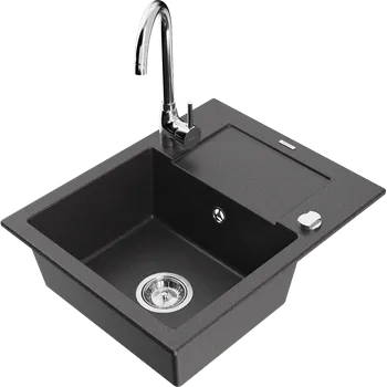 Granitový dřez Mexen Enzo granitový dřez 1-komorový s odkapávačem a kuchyňskou baterií Telma, černý tečkovaný - 6506-76-670200-00 Granitové dřezy s baterií