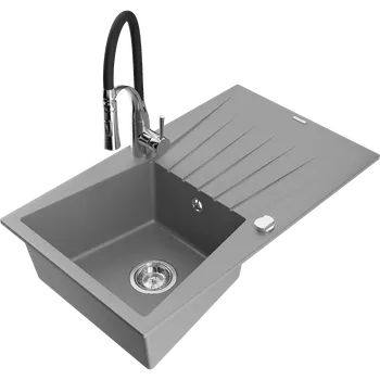 Granitový dřez Mexen Cesar granitový dřez 1-komorový s odkapávačem a kuchyňskou baterií Aster, šedý - 6514-71-73450-07 Granitové dřezy s baterií