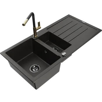Granitový dřez Mexen Andres granitový dřez 1,5-komorový s odkapávačem a kuchyňskou baterií Flora, černá/zlatá - 6515-75-670401-57-B Granitové dřezy s baterií