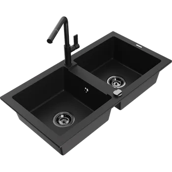 Granitový dřez Mexen Mario granitový dřez 2komorový s kuchyňskou baterií Flora, černý - 6504-77-670401-70-B Granitové dřezy s baterií
