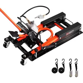 zvedák Zvedák na motocykl VEVOR, nosnost 716 kg, hydraulický a pneumatický zvedák na motocykl, výškový rozsah 10,5–38 cm, stojan na opravu těžkých motocyklů s odnímatelnou rampou a 2 kolečky pro čtyřkolky a terénní motocykly