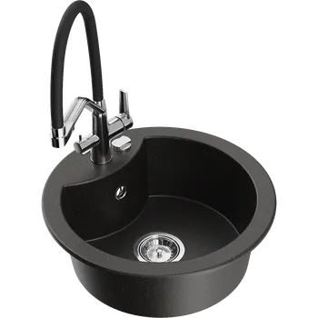 Granitový dřez Mexen Diego granitový dřez 1-komorový s kuchyňskou baterií Duo, černý/zlatý metalický - 6512-75-671701-07 Granitové dřezy s baterií