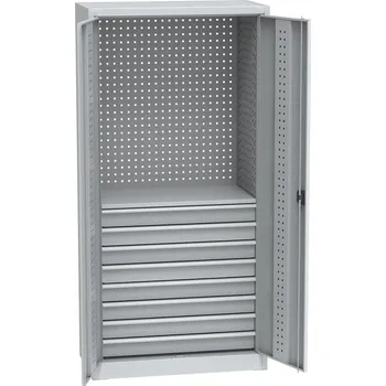 Skříňka na nářadí Univerzální dílenská skříň s DVB perforací, 8 zásuvek, 1 police, světle šedá