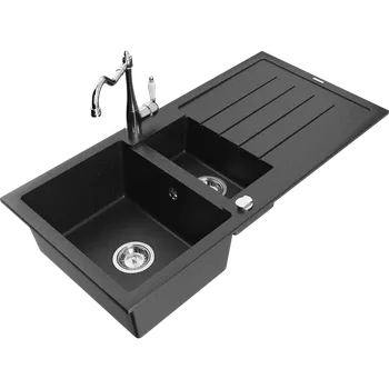 Granitový dřez Mexen Andres granitový dřez, 1,5-komorový s odkapávačem a kuchyňskou baterií Carla, černý/stříbrný - 6515-73-670700-00 Granitové dřezy s baterií
