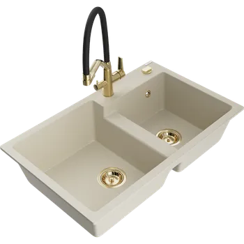 Granitový dřez Mexen Tomas granitový dřez 2-komorový s kuchyňskou baterií Duo, béžový - 6516-69-671701-57-G Granitové dřezy s baterií