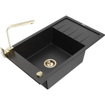 Granitový dřez Mexen Elias granitový dřez 1-komorový s odkapávačem a kuchyňskou baterií Rita, černý/stříbrný metalík - 6511-73-670300-50 Granitové dřezy s baterií