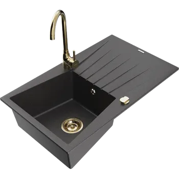 Granitový dřez Mexen Cesar granitový dřez s jednou komorou a odkapávačem s kuchyňskou baterií Telma, černý tečkovaný - 6514-76-670200-50 Granitové dřezy s baterií