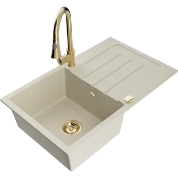 Granitový dřez Mexen Bruno granitový dřez s jednou komorou, odkapávač a kuchyňská baterie Elia, béžová - 6513-69-670101-50 Granitové dřezy s baterií