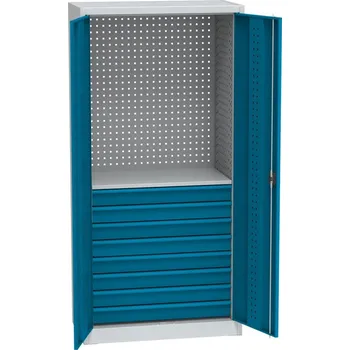 Skříňka na nářadí Univerzální dílenská skříň s DVB perforací, 8 zásuvek, 1 police, modrá