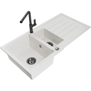 Granitový dřez Mexen Andres granitový dřez 1,5-komorový s odkapávačem a kuchyňskou baterií Flora, bílý - 6515-20-670401-70-B Granitové dřezy s baterií