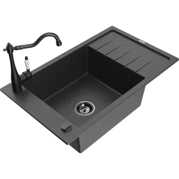 Granitový dřez Mexen Elias granitový dřez 1-komorový s odkapávačem a kuchyňskou baterií Carla, černý tečkovaný - 6511-76-670700-70-B Granitové dřezy s baterií